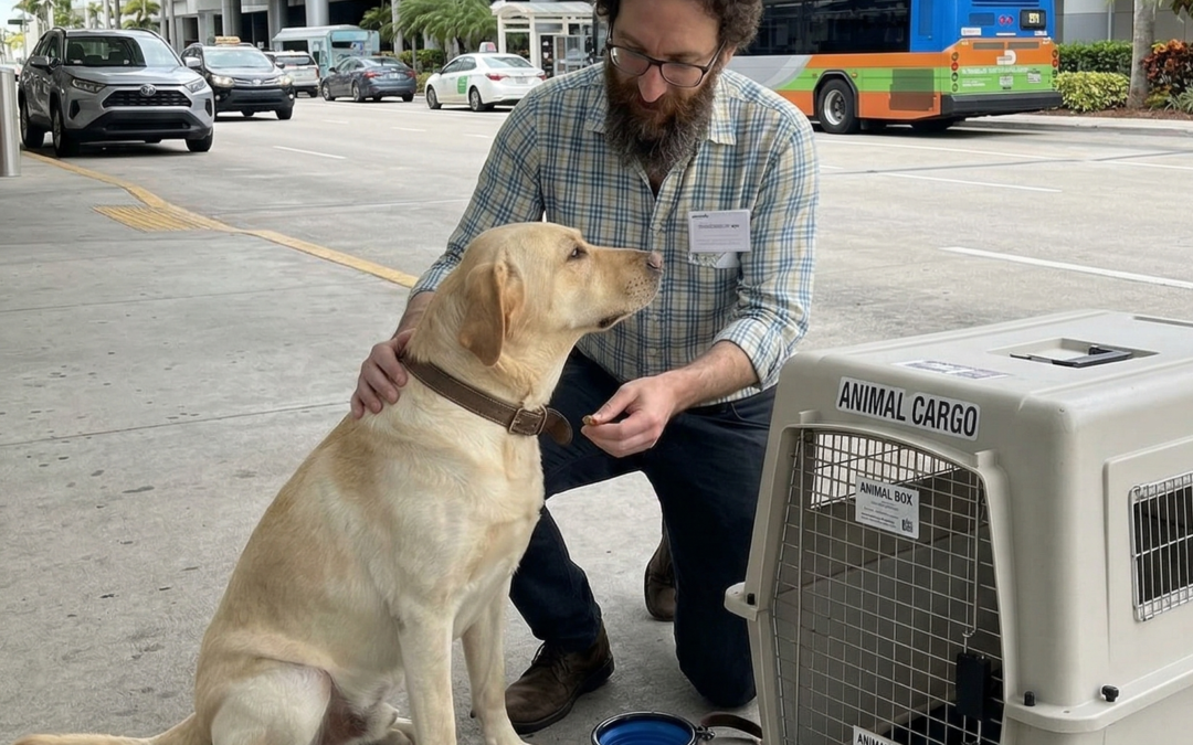 Matias Moguilner en el Aeropuerto de Miami haciendo un traslado en avion de un perro lavrador