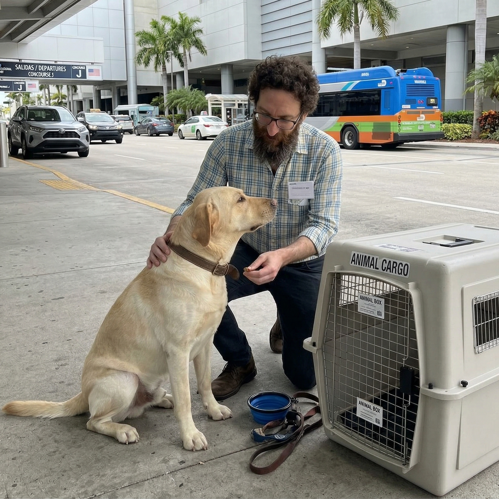 Matias Moguilner en el Aeropuerto de Miami haciendo un traslado en avion de un perro lavrador