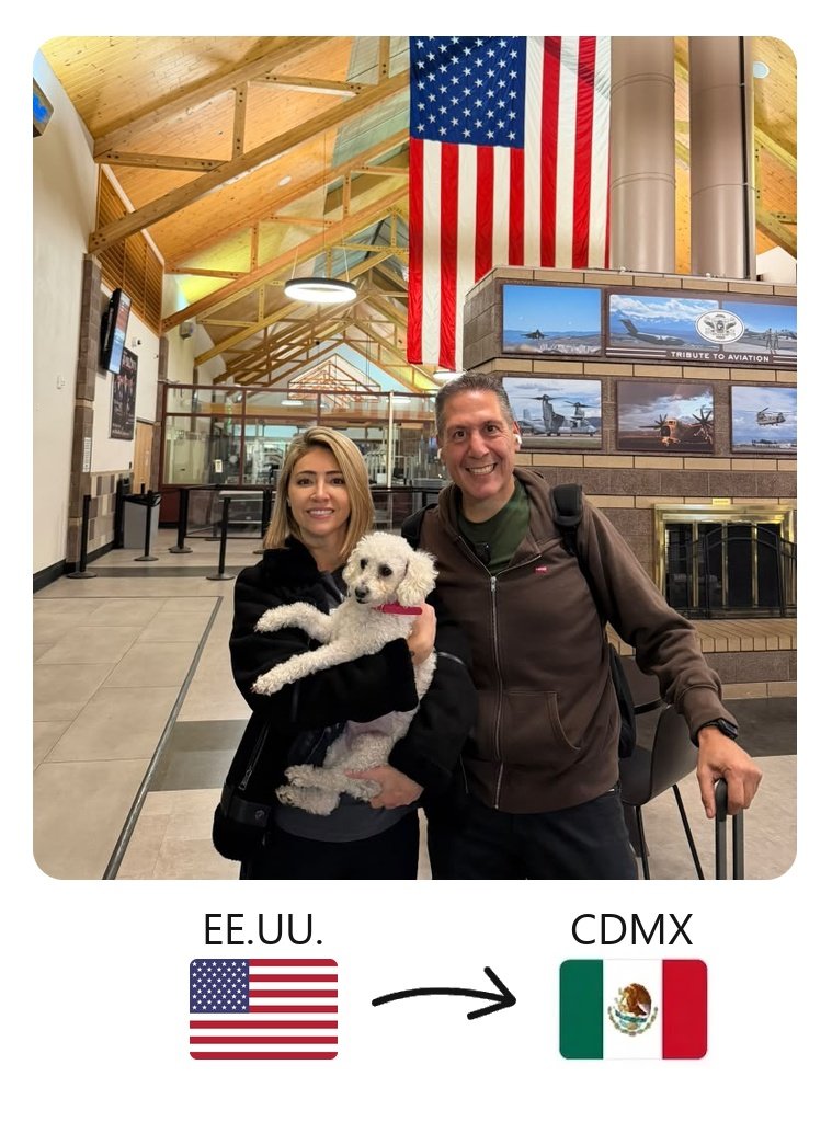 Favio Cangiano at a U.S. airport, traveling to Mexico with a dog.